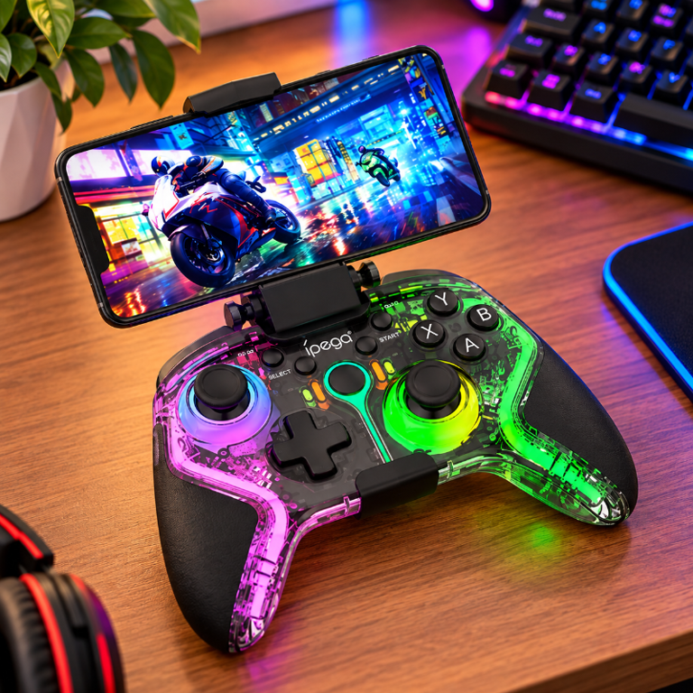 Controle Gamer Sem Fio RGB com Joystick Hall Turbo Macro Vibração Suporte para Celular Compatível