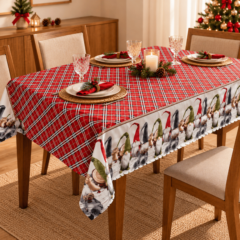 Toalha de Mesa Natalina Retangular 150x180cm Xadrez Vermelha com Gnomos Decorativos para Decoração de Natal