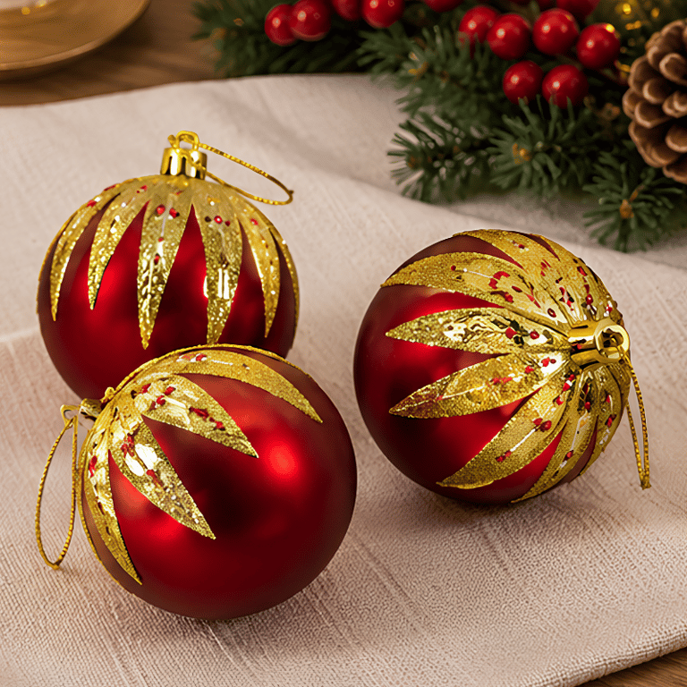 Kit com 3 Bolas Decorativas Natalinas Vermelhas com Detalhes Dourados para Árvore e Decoração Festiva