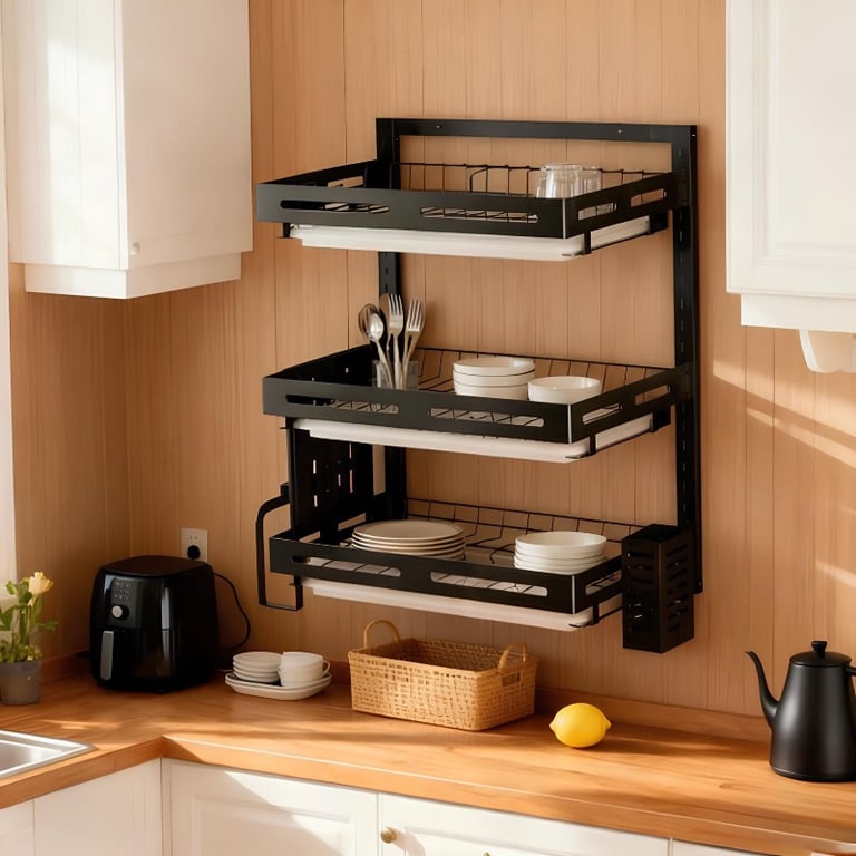 Escorredor de Louças Suspenso de Parede 3 Andares 62x43x30cm em Metal Preto Organizador de Cozinha