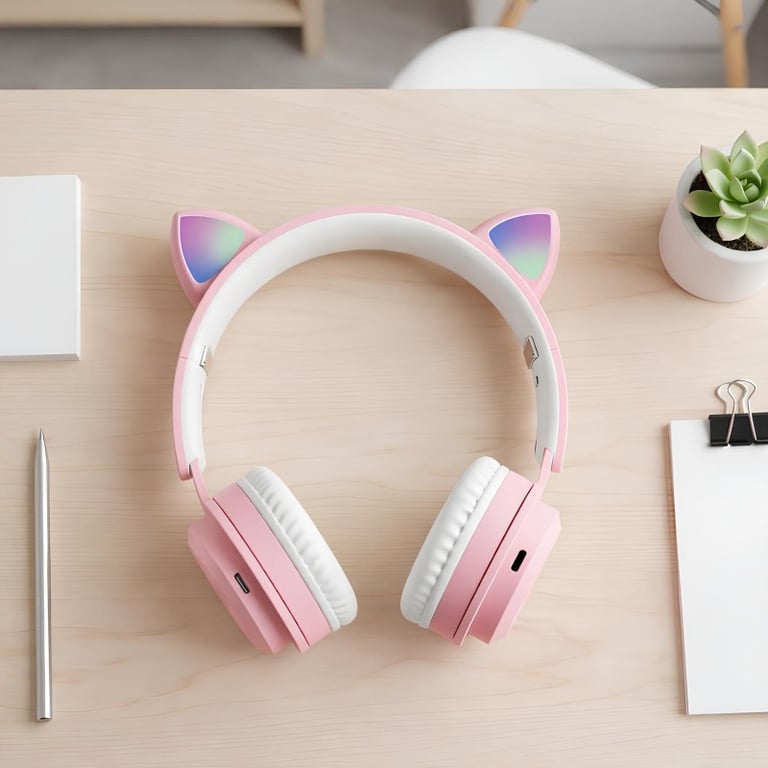 Fone De Ouvido Sem Fio Design Orelhas De Gato Com LED Colorido