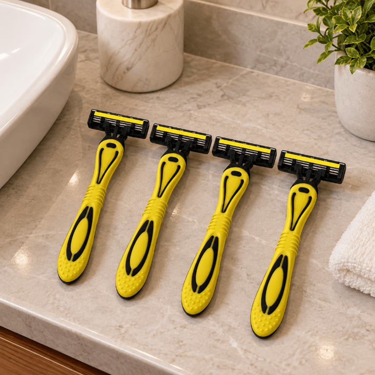 Kit com 4 Aparelhos de Barbear Descartáveis 3 Lâminas Aço Inox Cabeça Móvel Fita Lubrificante com Aloe Vera