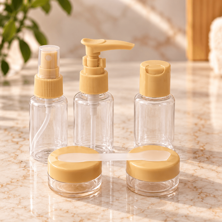 Kit De Frascos Para Viagem Com Necessaire Transparente 7 Peças Para Cosméticos E Produtos De Higiene
