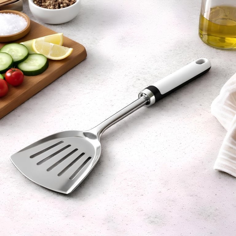 Espátula Vazada Aço Inox Cabo Longo Gourmet Multiuso                       