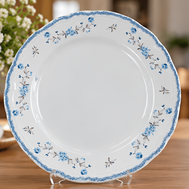 Prato De Sobremesa Em Cerâmica Branca Com Delicada Estampa Floral Azul E Acabamento Clássico