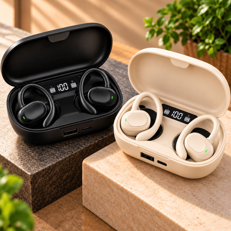 Fone De Ouvido Bluetooth Sem Fio Com Gancho Esportivo Estojo Com Display Digital E Microfone