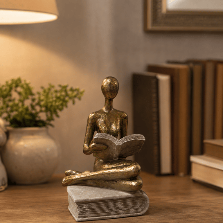 Escultura Decorativa Leitora Dourada sobre Livro