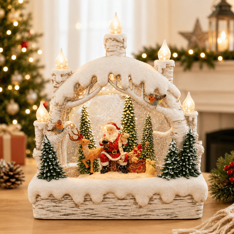 Lanterna de Mesa Natalina Decorativa com Papai Noel Neve Luzes LED