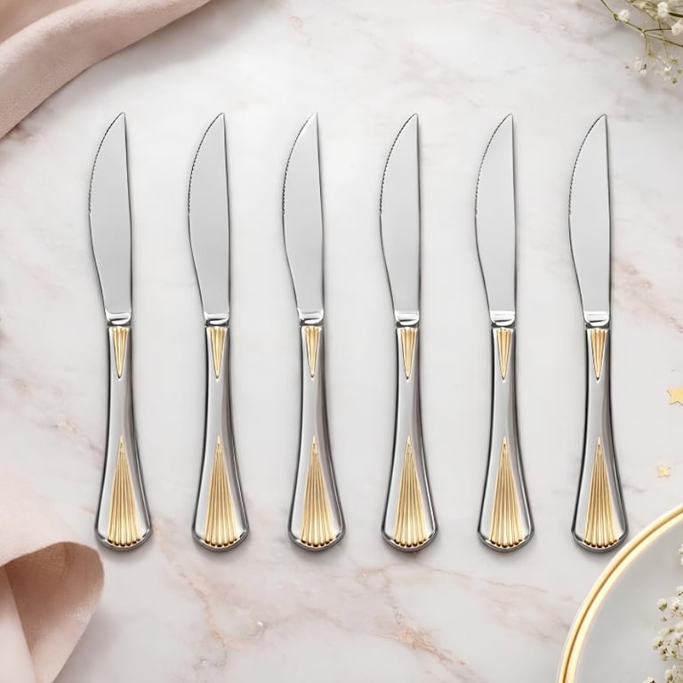 Kit 6 Facas De Aço Inox Com Detalhe Dourado