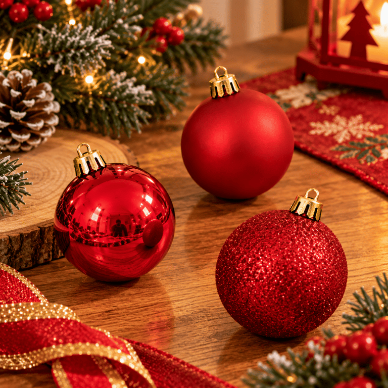 Kit Bolas Natalinas Vermelhas com 8 cm com Acabamentos Mistos para Decoração de Natal