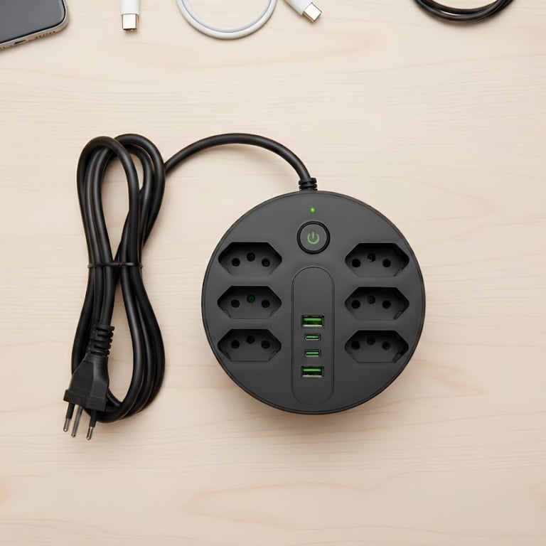 Filtro De Linha Bivolt Seis Tomadas Duas USB Duas USB Tipo C Cabo Dois Metros
