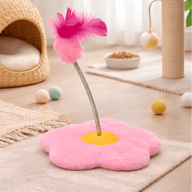 Brinquedo Interativo Flor Rosa Para Gatos Com Mola E Penas