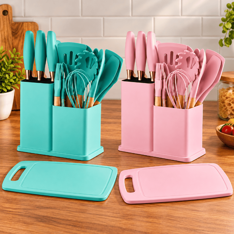 Kit Utensílios de Cozinha 19 Peças Silicone com Tábua de Corte e Suporte Organizador