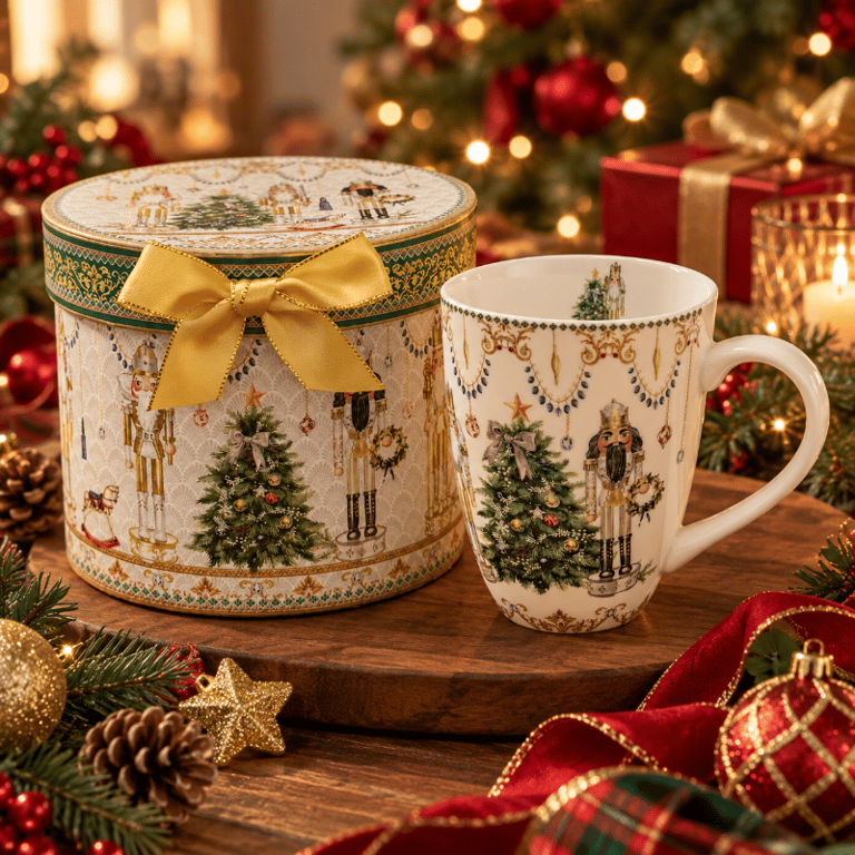 Caneca Natalina com Estampa de Quebra Nozes e Embalagem Decorativa