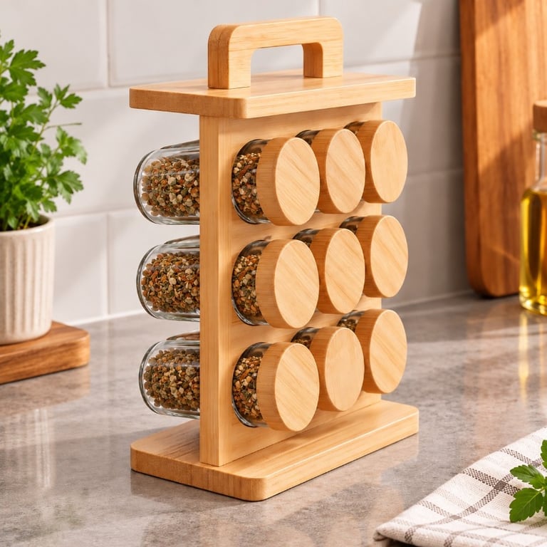 Kit Porta Temperos 9 Potes de Vidro 85ml com Suporte Organizador de Bambu Natural 