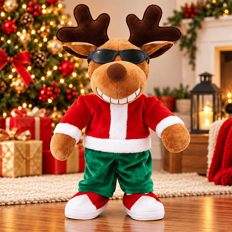 Enfeite Natalino Rena 33cm Mecanizado Musical Com Movimento Decoração De Natal