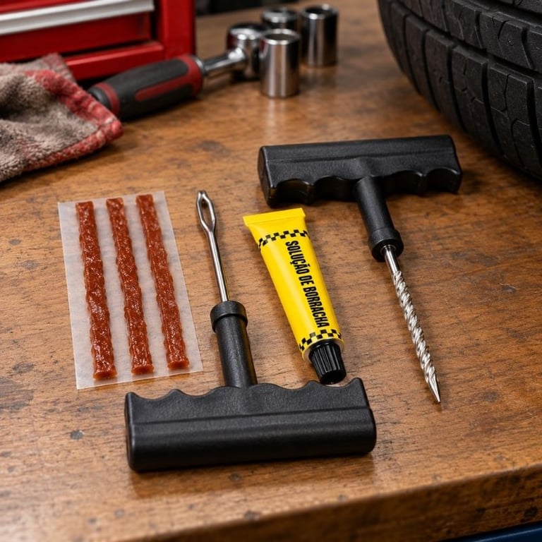 Kit Reparo De Pneu Remendo 6 Peças Com Macarrão Ferramentas E Cola