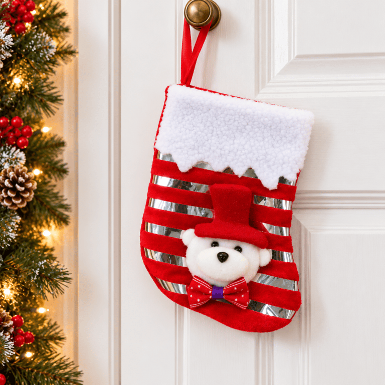 Meia De Natal Decorativa Vermelha E Detalhes Prateados Para Pendurar