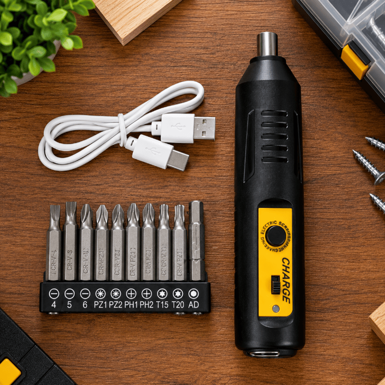Chave De Fenda Elétrica Sem Fio Recarregável Com Kit De Ponteiras E Carregamento USB