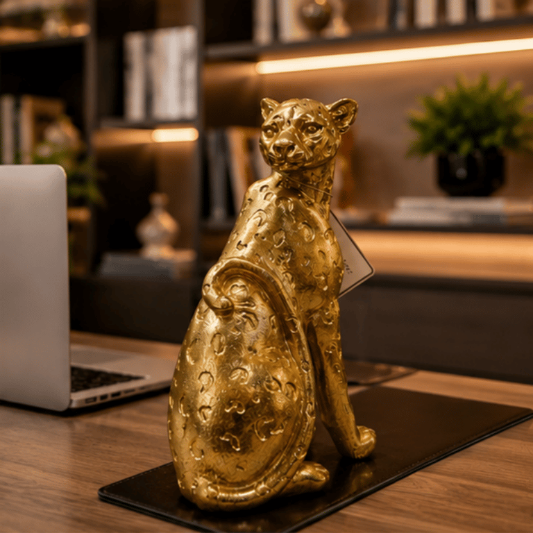 Escultura Decorativa Felino Dourado 