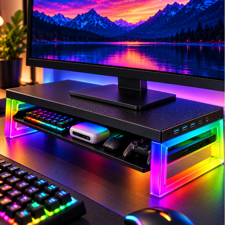 Suporte Elevador Para Monitor Gamer Com Iluminação RGB Gaveta Organizadora Hub USB E Entrada Tipo C