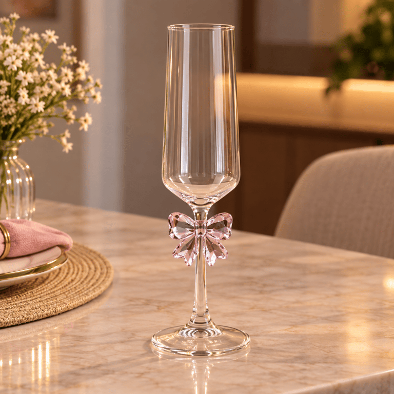 Taça Decorativa de Vidro com Laço 25x5 cm Estilo Coquette Haste Fina Transparente
