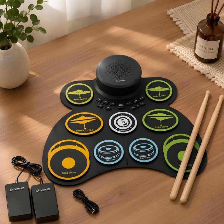 Bateria Eletrônica Musical Com Pedal Baquetas e Sons Divertidos Portátil 9 Pads