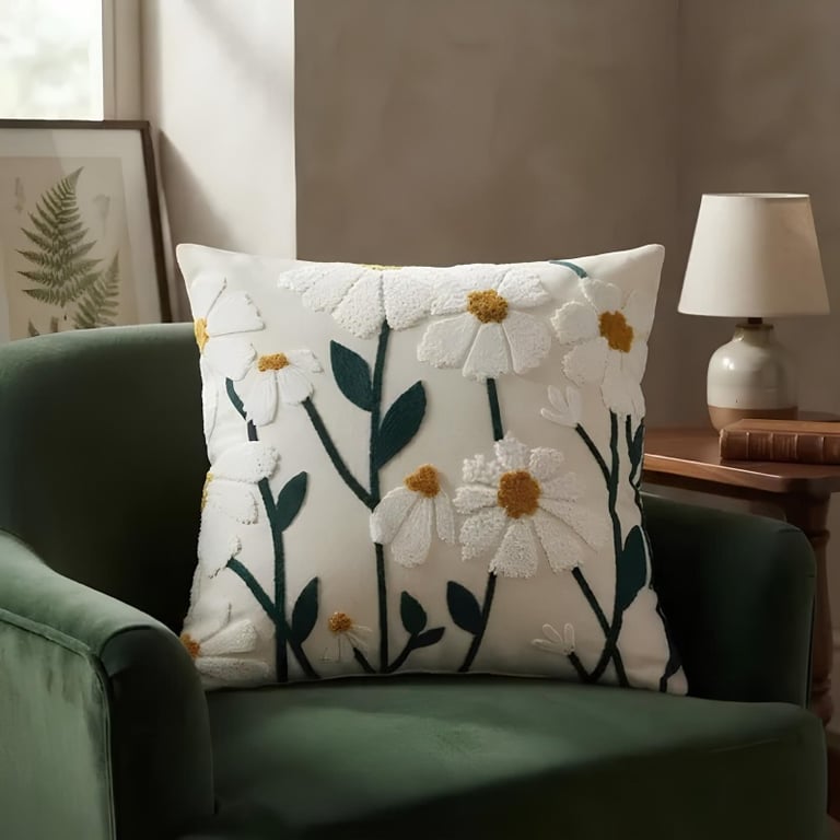 Capa de Almofada 45x45 cm Decorativa Floral em Poliéster com Flores e Folhagens
