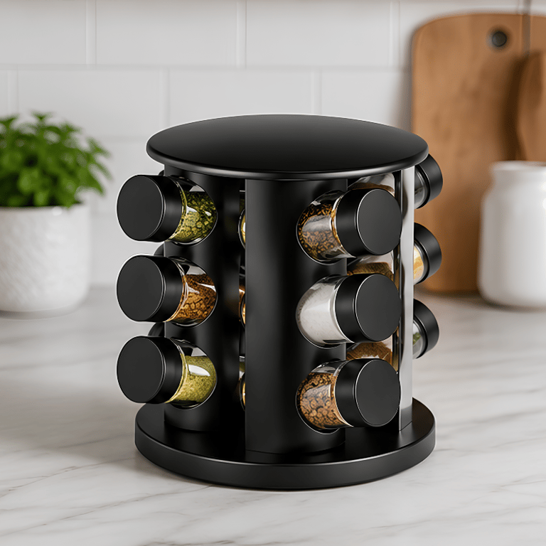 Porta Temperos Giratório com 12 Frascos em Aço Inoxidável Base 360° Vedação Contra Umidade e Design Sofisticado para Organização da Cozinha