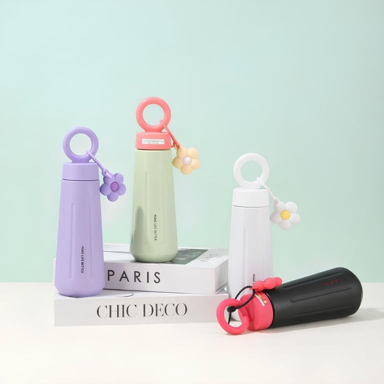 Garrafa Térmica 450ml Com Alça Redonda E Pingente Decorativo