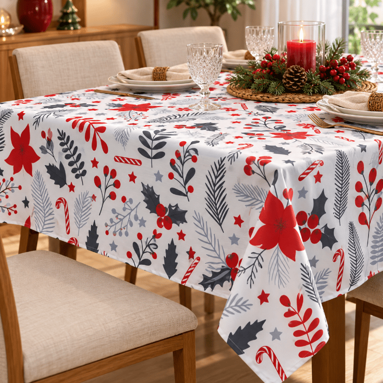 Toalha de Mesa Natalina Estampada 140x180cm Retangular com Flores Folhagens e Estrelas para Decoração 