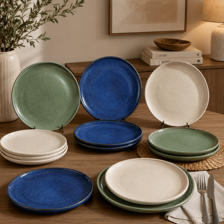 Prato Raso de Cerâmica Orgânico Verde Azul e OffWhite
