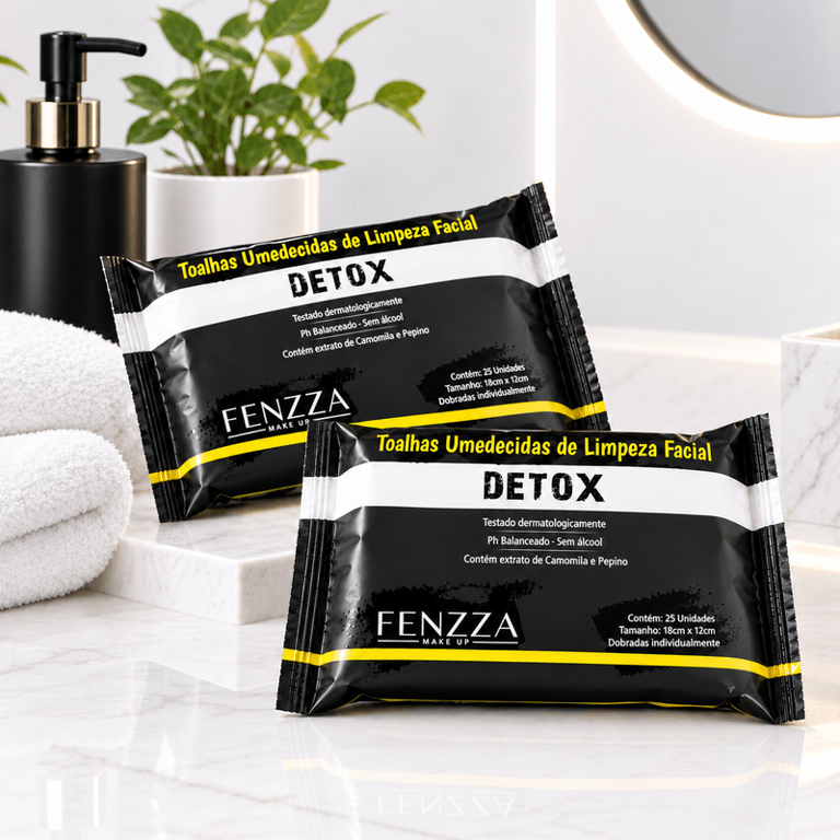 Toalhas Umedecidas de Limpeza Facial Detox Fenzza Make Up 25 Unidades
