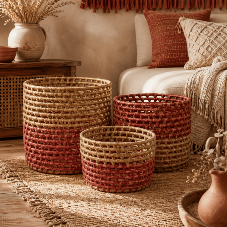 Cesto Decorativo Trançado, Natural e Terracota