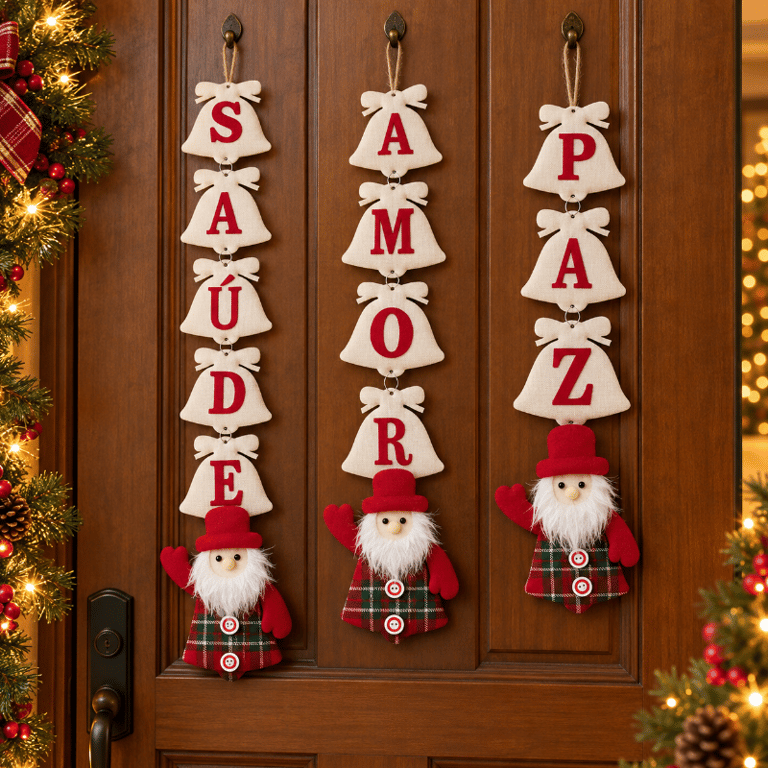 Pendentes Decorativos de Natal Saúde Amor e Paz com Papai Noel Enfeite Suspenso 