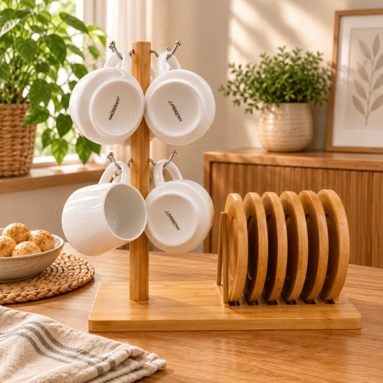 Conjunto de Xícaras com Suporte em Bambu Elegância para Servir