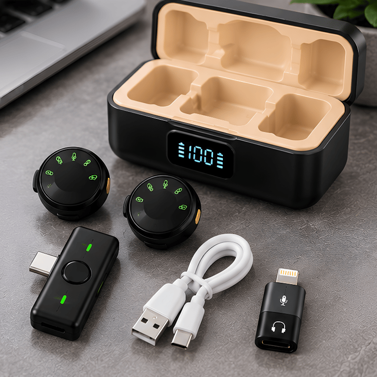 Sistema De Microfone De Lapela Sem Fio Com 2 Transmissores Estojo Recarregável E Adaptador IOS E Tipo C