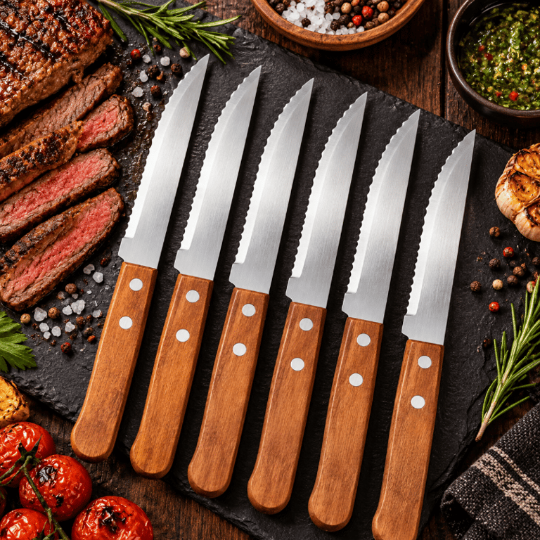Jogo de 6 Facas para Churrasco com Lâminas em Aço Inox e Cabos de Madeira