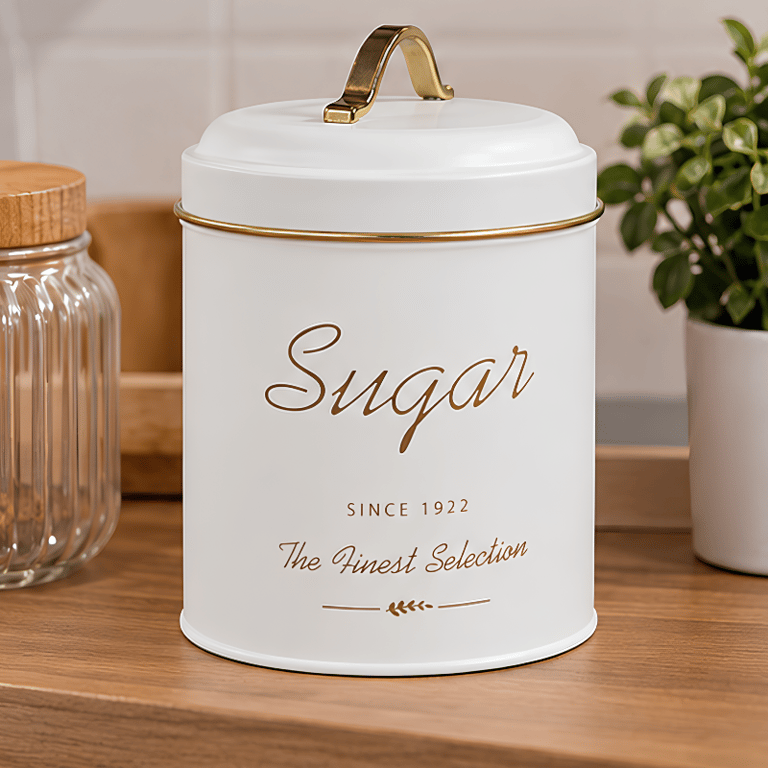 Açucareiro Decorativo Branco Com Tampa E Detalhes Dourados  Pote Organizador Para Açúcar De Cozinha