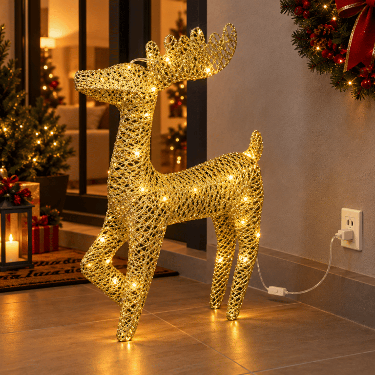  Rena Alce Dourada Com Led 3000k Glitter Natalino Luxo Bivolt
