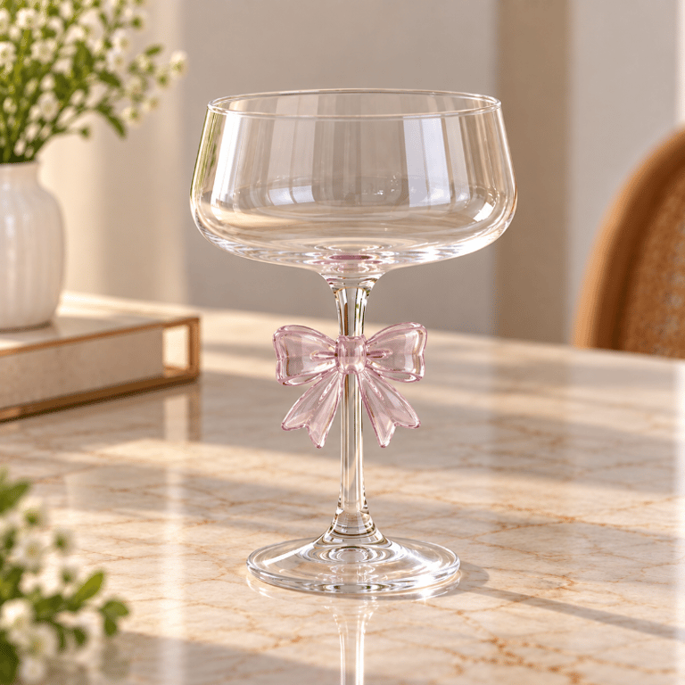 Taça Decorativa Transparente 7x8 cm Unitária com Laço Haste Fina Acabamento Brilhante Design Elegante 