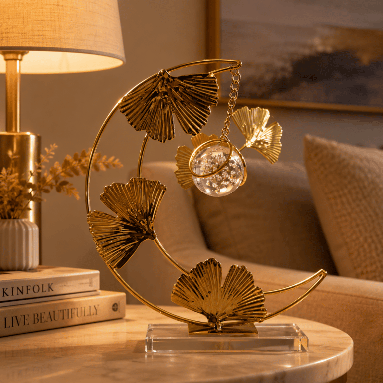 Escultura Decorativa Dourada com Folhas e Esfera de Cristal