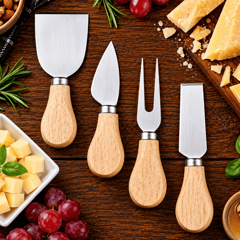 Conjunto De Facas Para Queijo E Frios 4 Peças Em Aço Inoxidável Com Cabo De Madeira