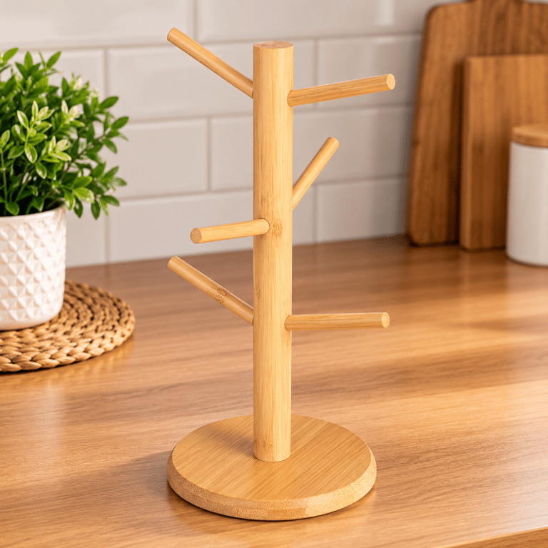Suporte Organizador de Xícaras e Canecas Bambu Natural 35cm com 6 Ganchos Base Redonda para Cozinha e Cantinho do Café