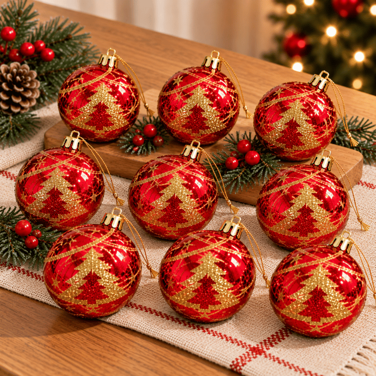 Kit 9 Bolas de Natal Vermelhas 6cm com Glitter Dourado Desenhos Decorativos para Decoração Natalina