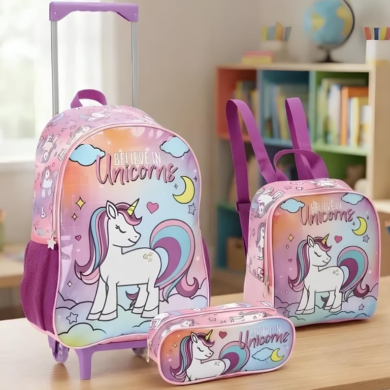 Kit Mochila Escolar Infantil Feminina Com Rodinhas Lancheira E Estojo Estampado 3 Peças Para Escola