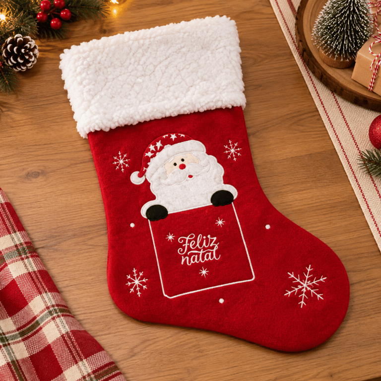 Enfeite Bota de Natal 27x42 cm Vermelha e Branca com Papai Noel Acabamento Felpudo e Detalhes Natalinos para Decoração