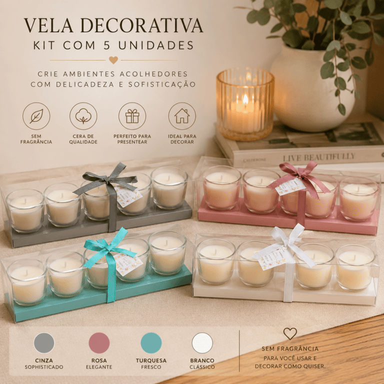 Kit com 5 Velas Aromáticas Elegância e Perfume para seus Ambientes