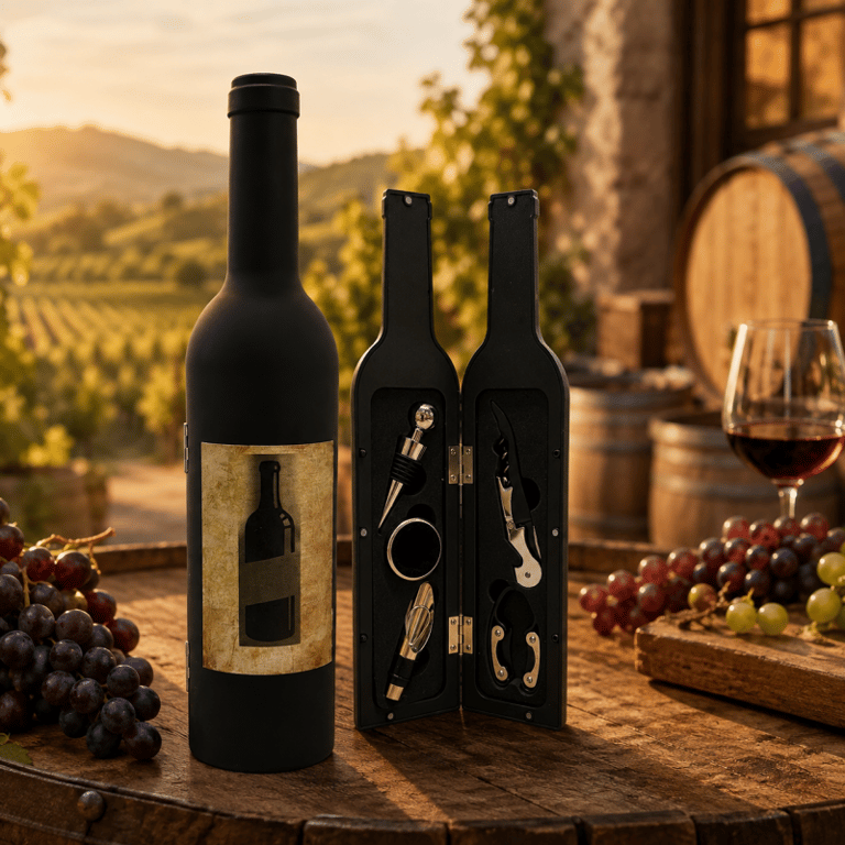 Kit para Vinho 5 Peças com Estojo em Formato de Garrafa