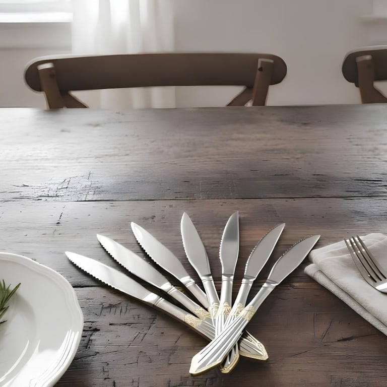 Conjunto De Facas De Mesa Em Aço Inox 6 Peças Com Detalhes Dourados